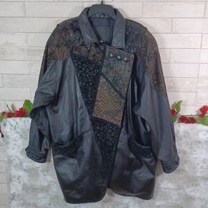 vintage artsy M black genuine leather jacket suede accents Suzie's fashion